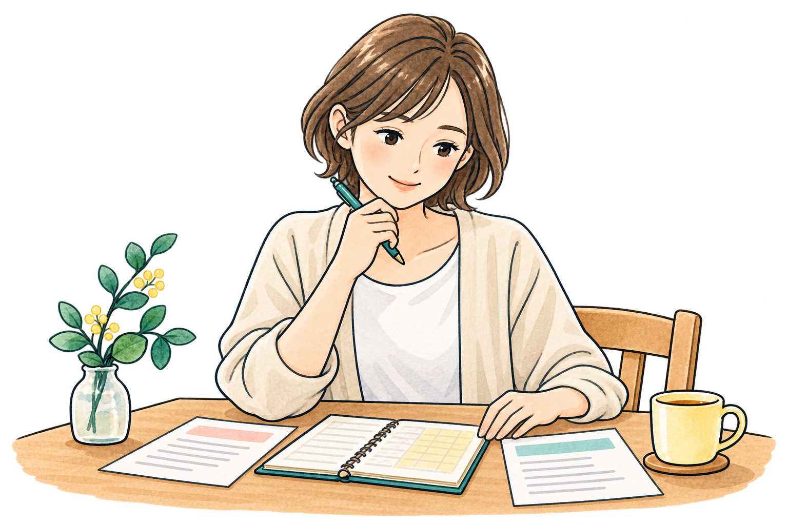 机に保険証券と家計簿を広げて考えている女性のイラスト
