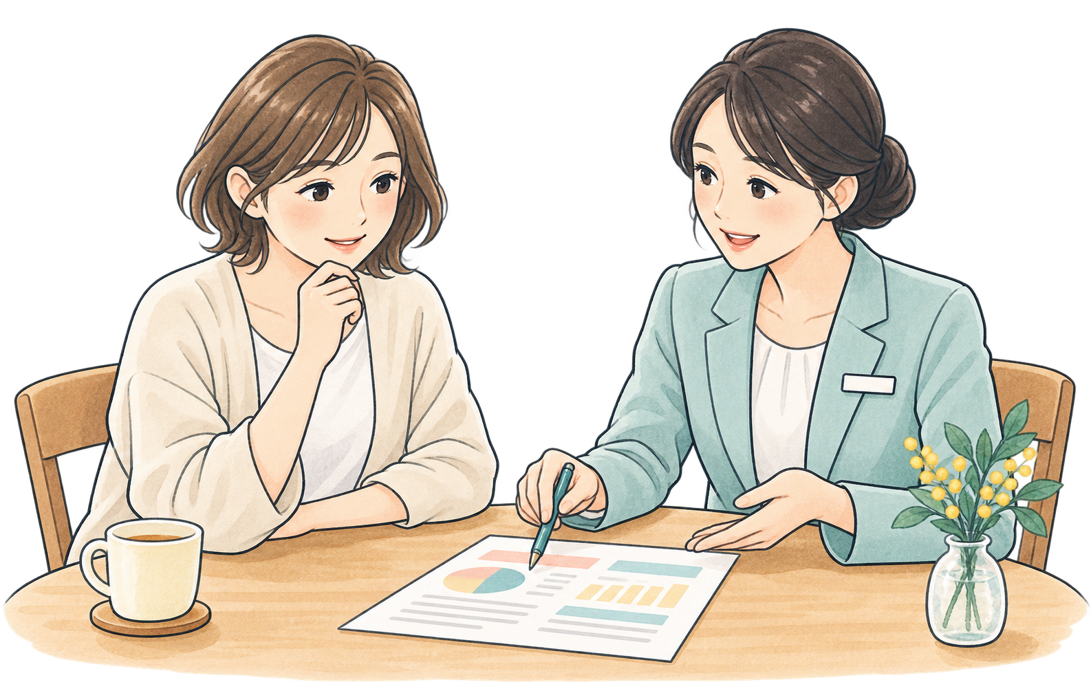 FPと相談者が机をはさんで話しているイラスト